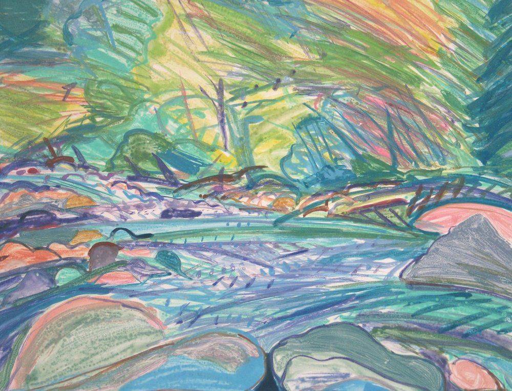 A pastel-colored landscape featuring a river flowing