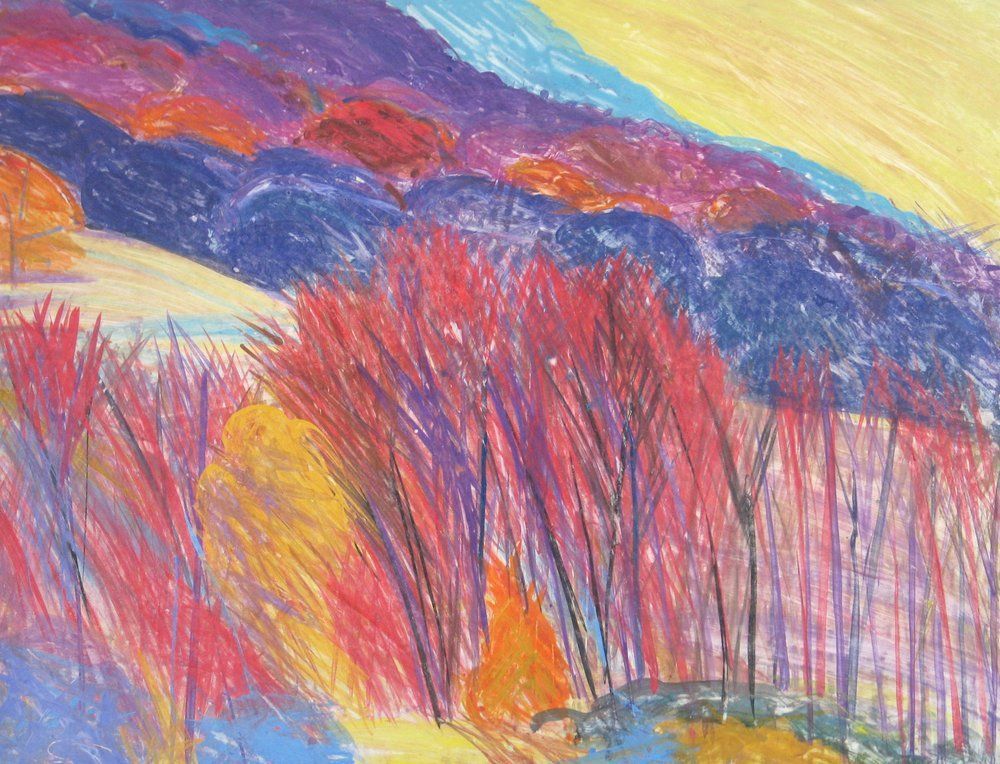 Colorful pastel rendering of trees and hills
