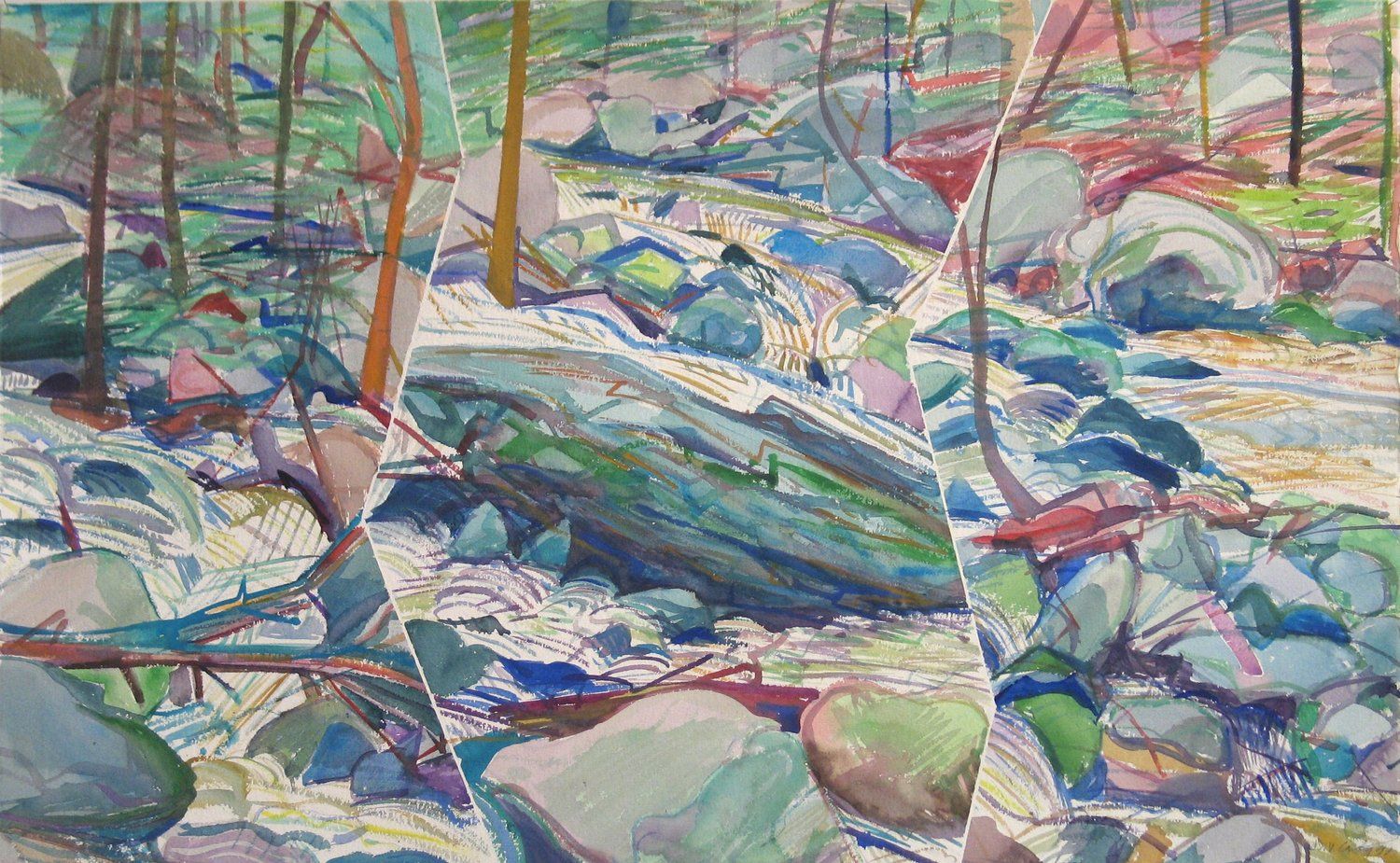 Watercolor of a stream with rocks and trees in a forest
