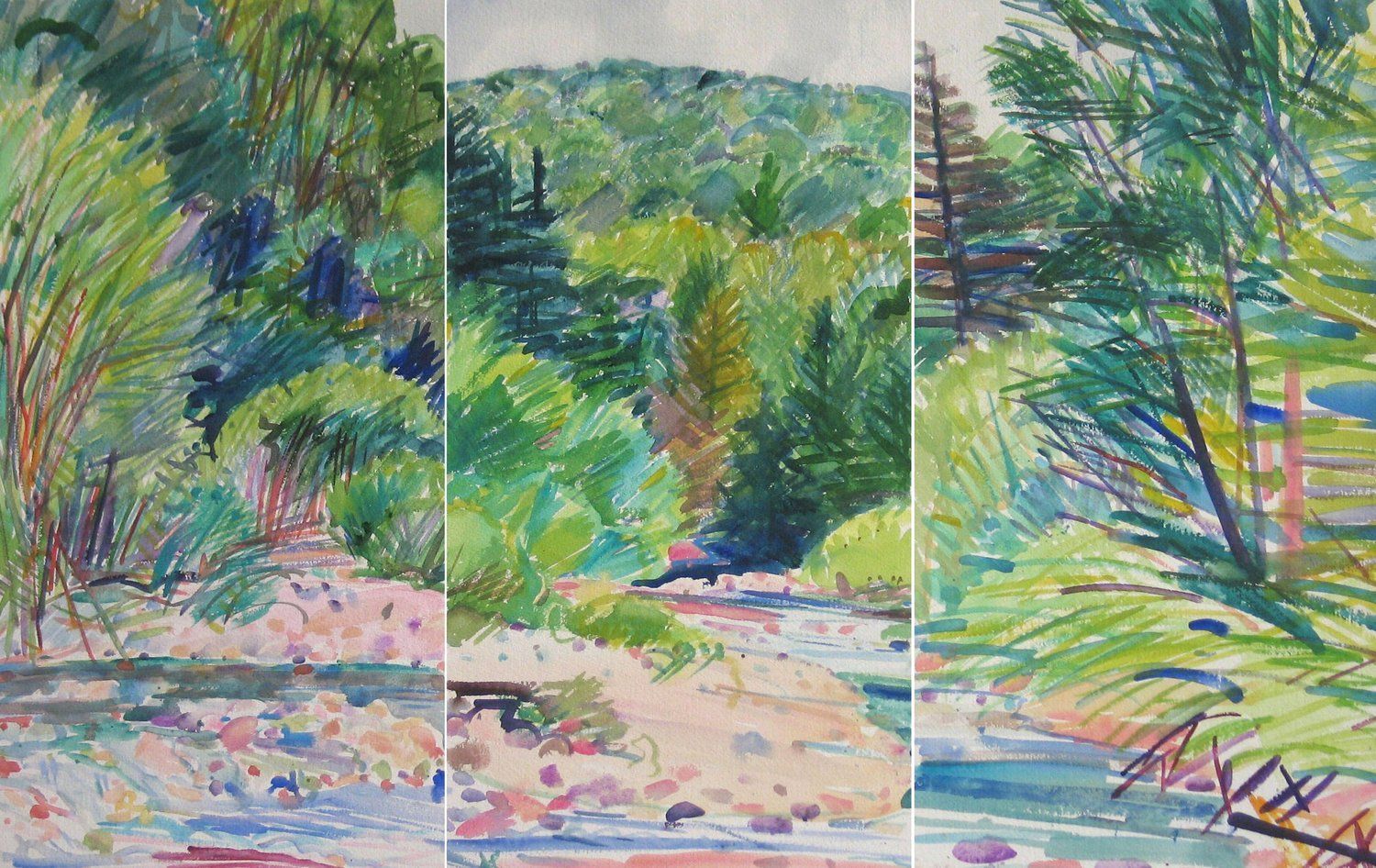 Watercolor triptych of a river scene
