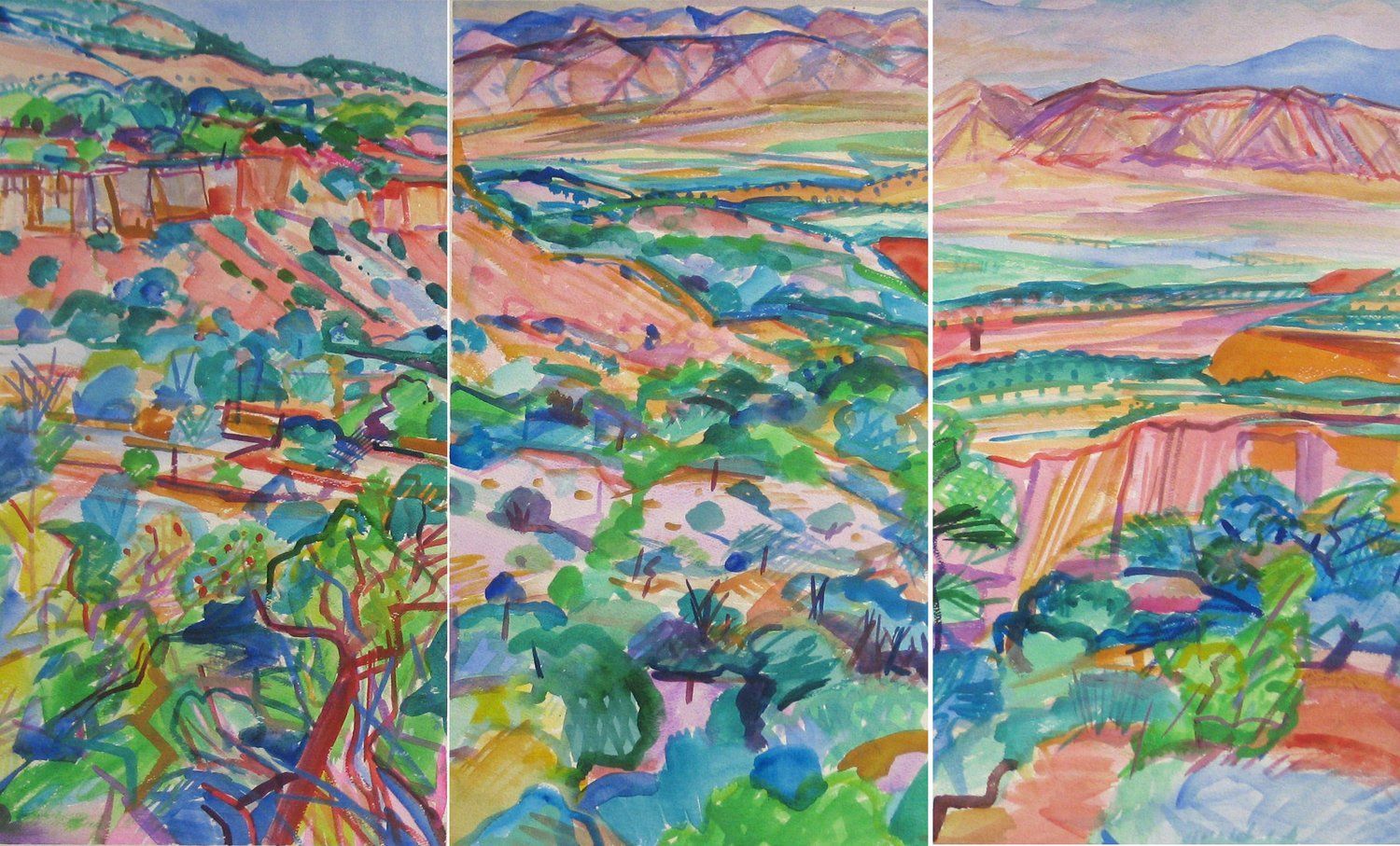 Colorful watercolor triptych of a landscape