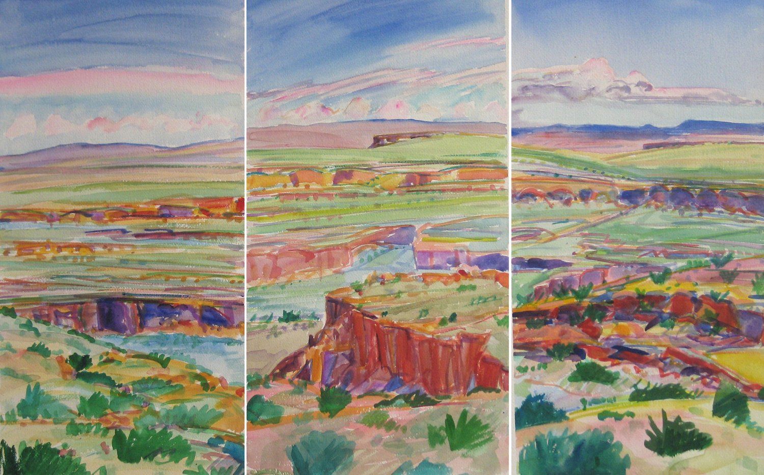 Triptych watercolor painting of a Southwestern canyon landscape
