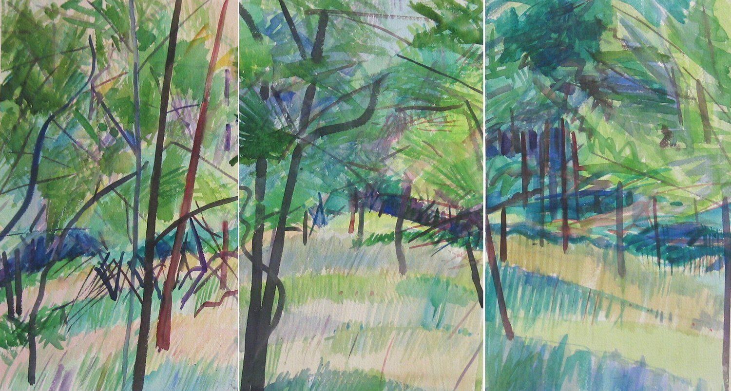 Triptych painting of a sunlit forest