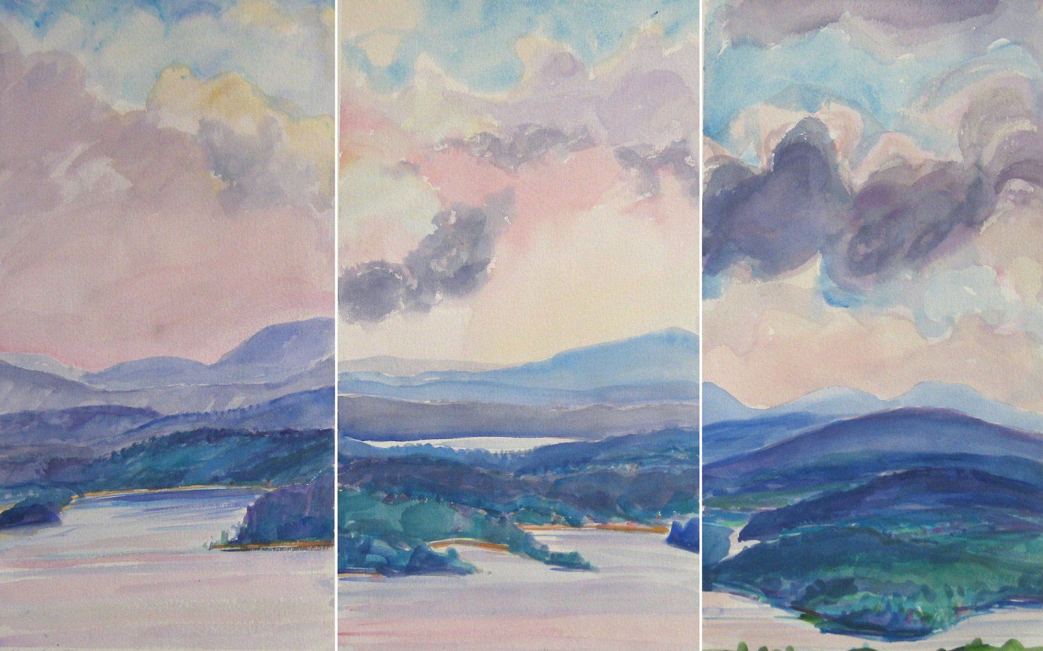Triptych of a lake scene with mountains under a cloudy sky