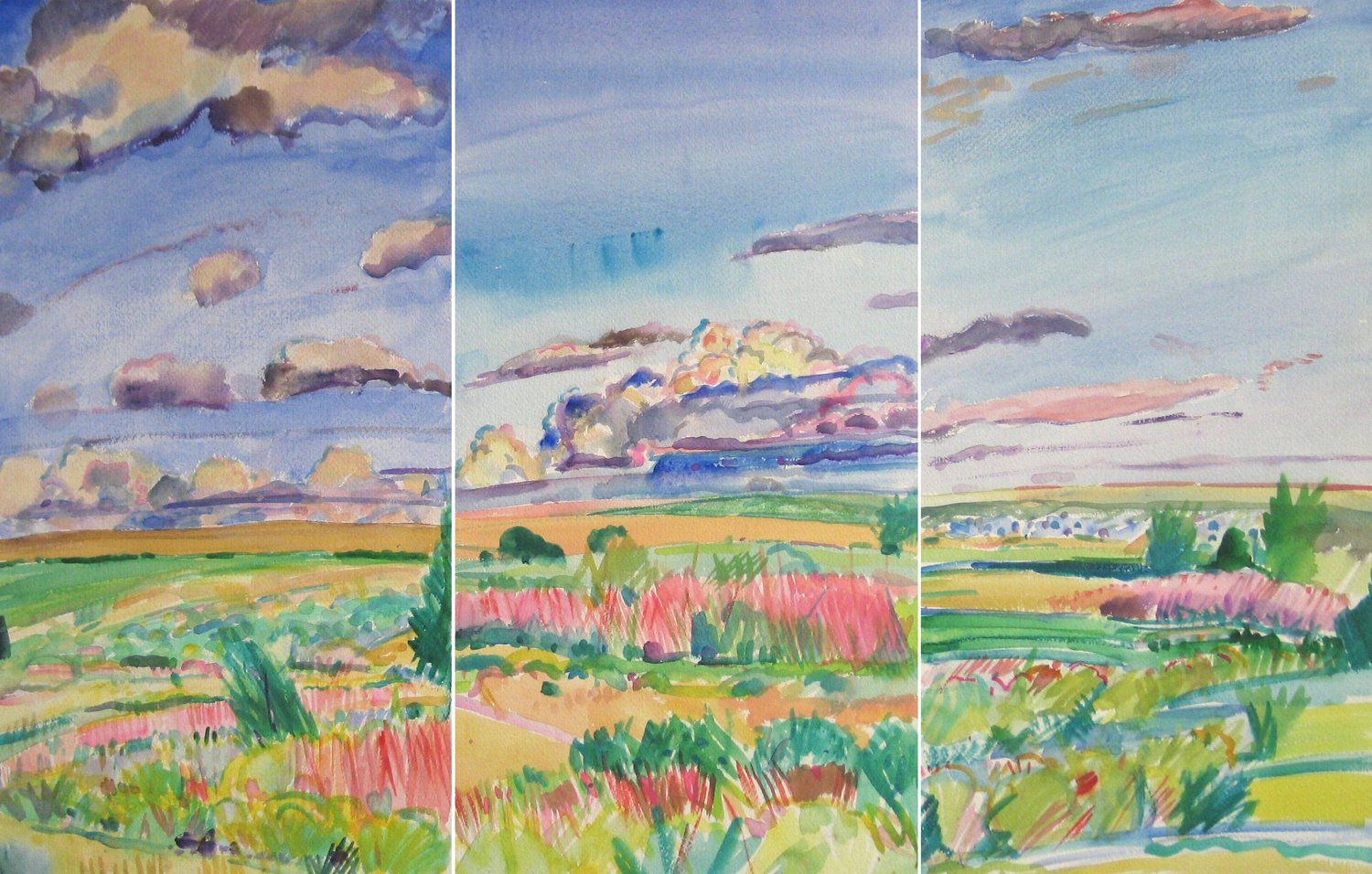 Triptych watercolor landscape of a field and sky, with colorful clouds