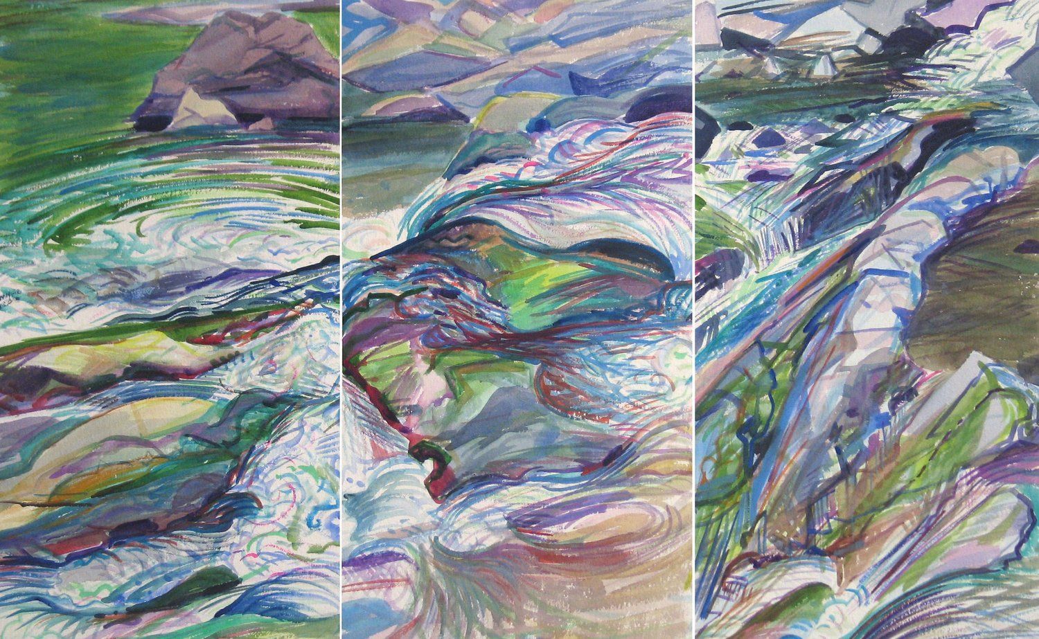 Three-panel watercolor depicts swirling water flowing around rocks
