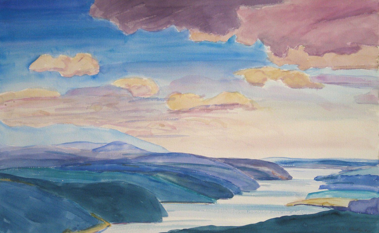 Watercolor painting of a river winding through hills under a sky with pastel clouds