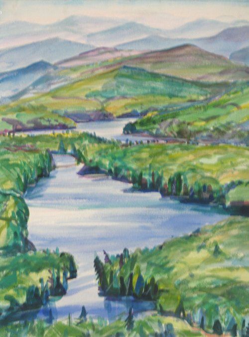 Watercolor painting of a river winding through green hills