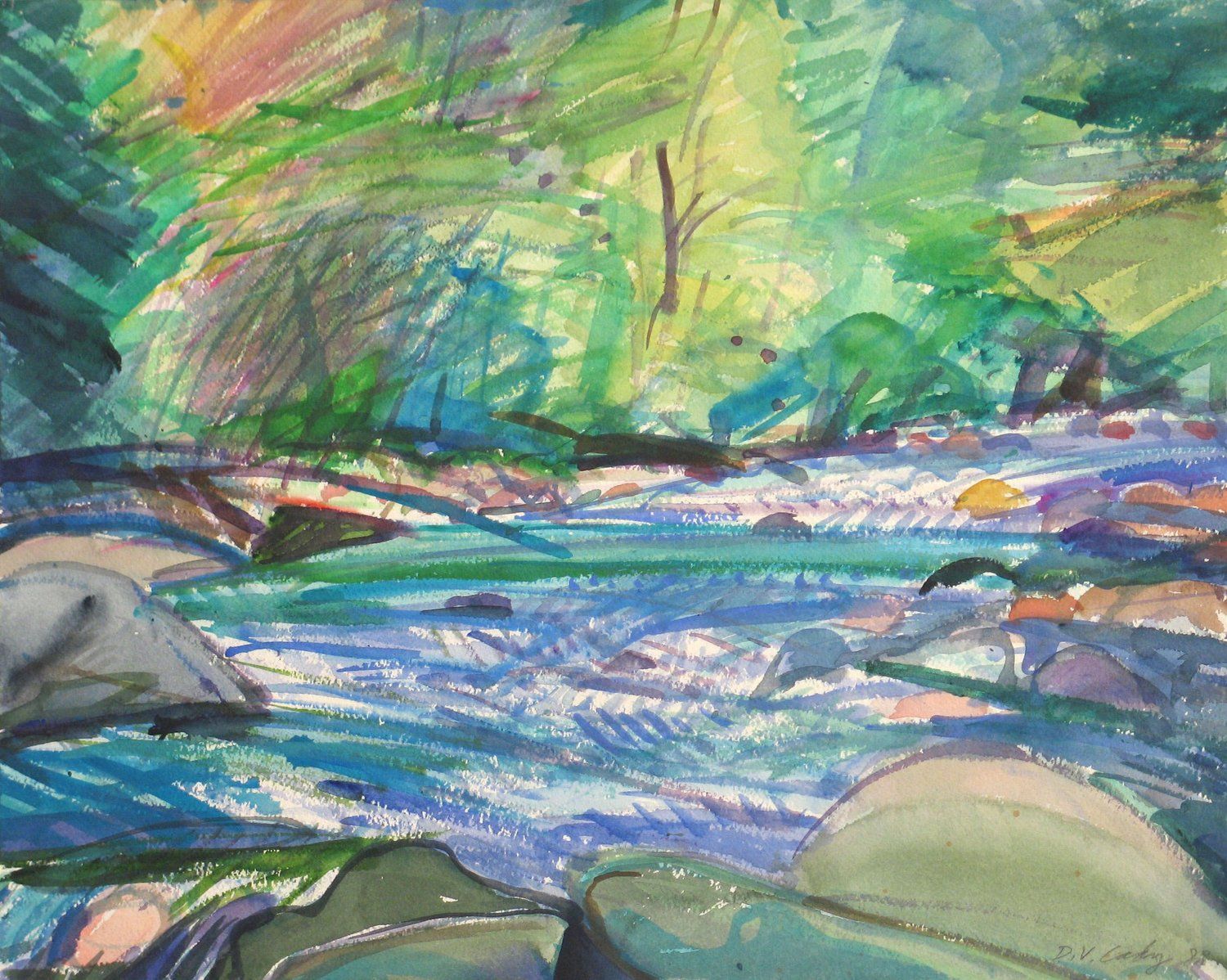 Watercolor painting of a river flowing through a forest