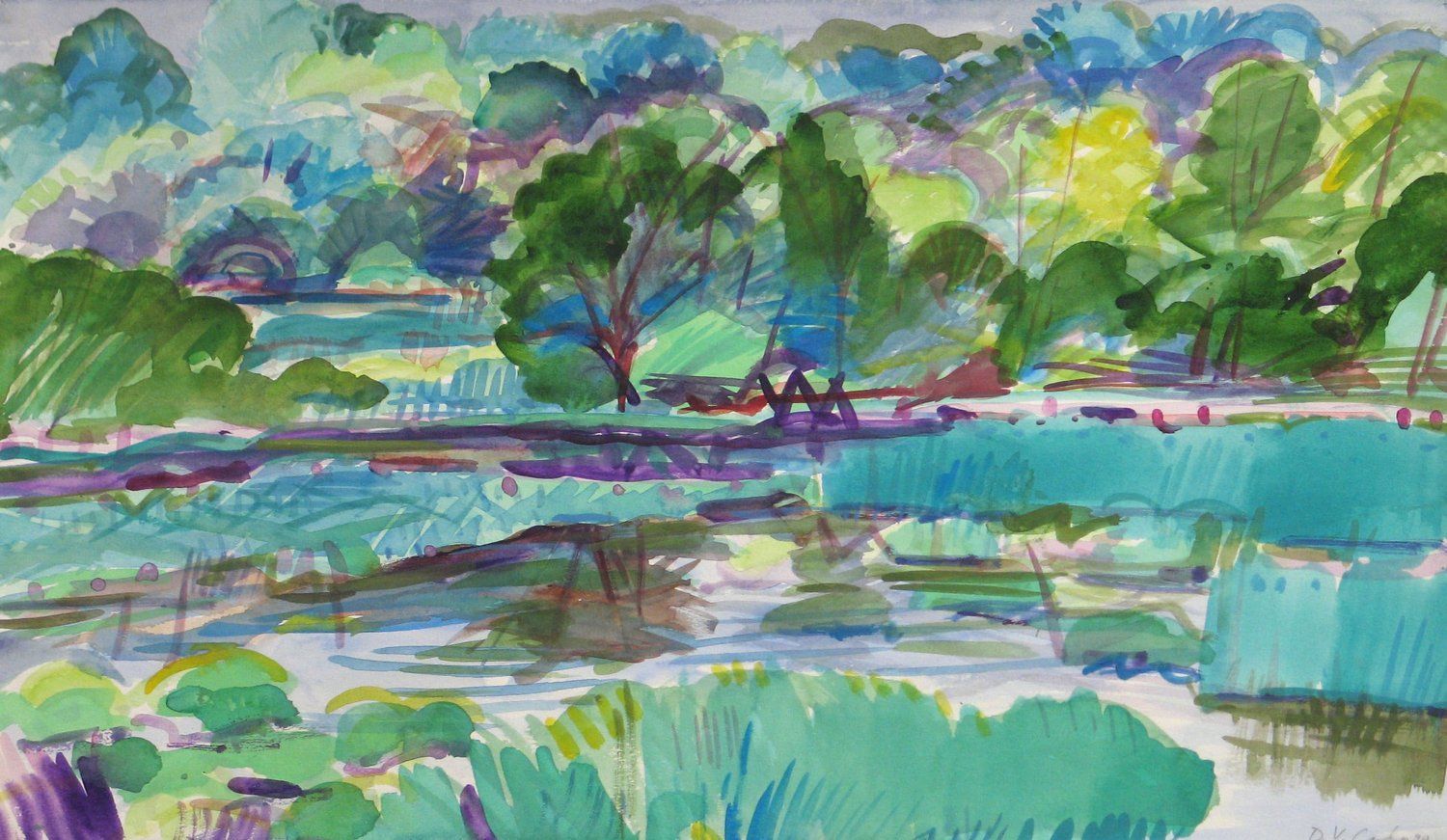 Watercolor landscape with trees and water
