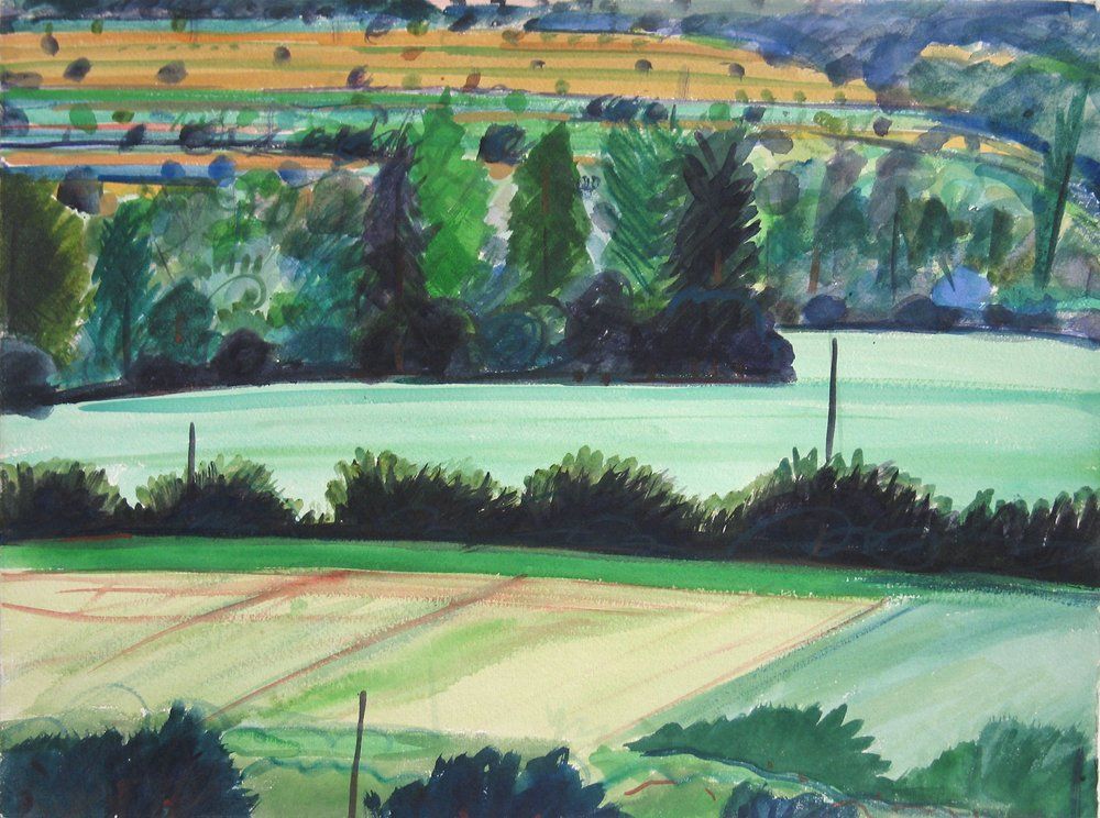 Watercolor landscape painting of green fields