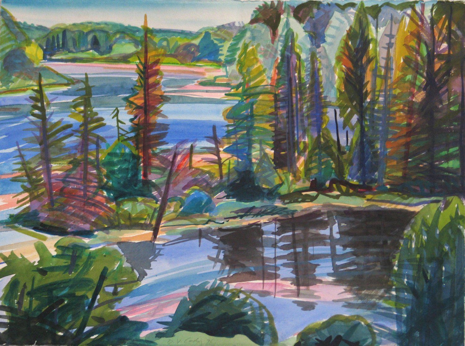 Watercolor painting of a lake surrounded by colorful trees