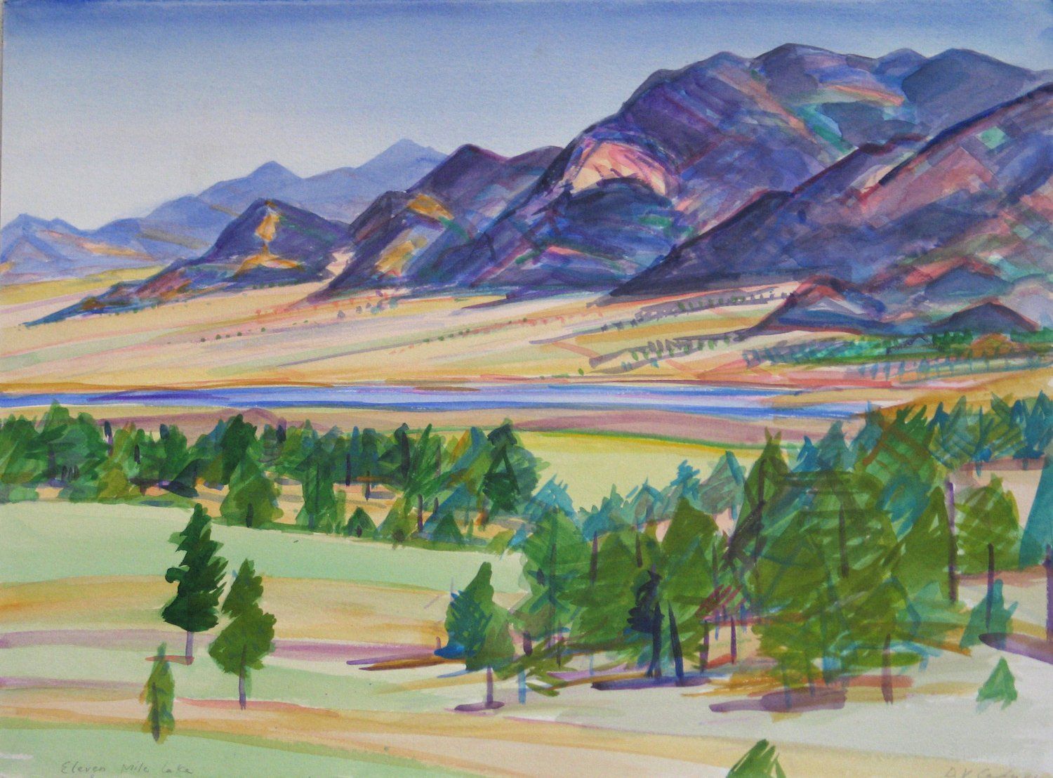 Mountains rise above a valley with trees and a river in a watercolor landscape