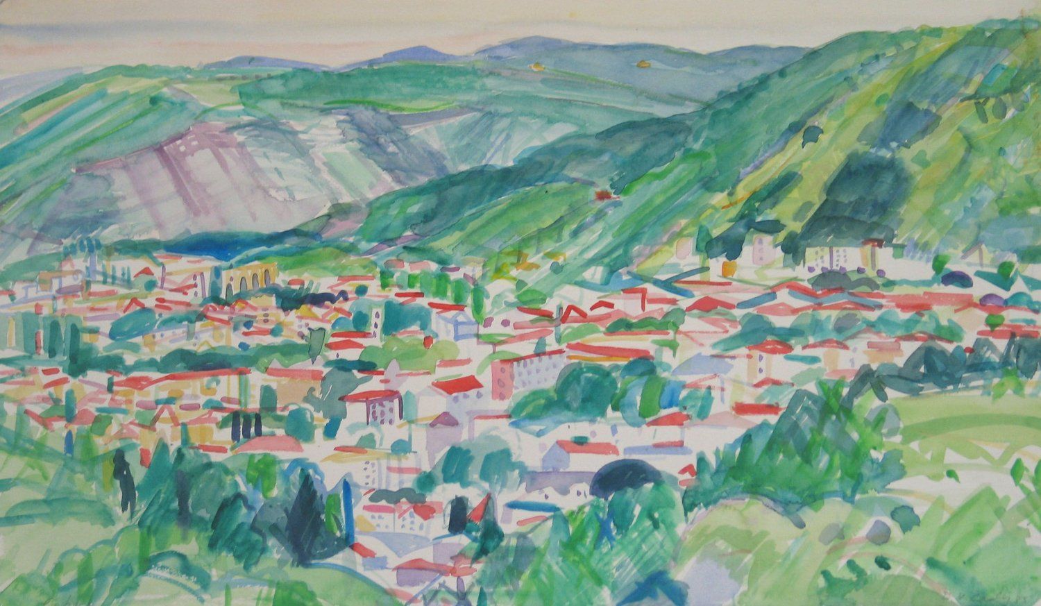 Colorful watercolor painting of a town nestled in a valley surrounded by green hills