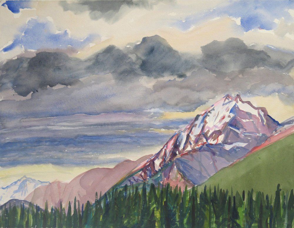 Watercolor painting of snow-capped mountains with purple and pink hues under stormy, gray clouds