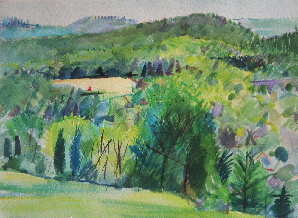 Watercolor painting of a lush green landscape 
