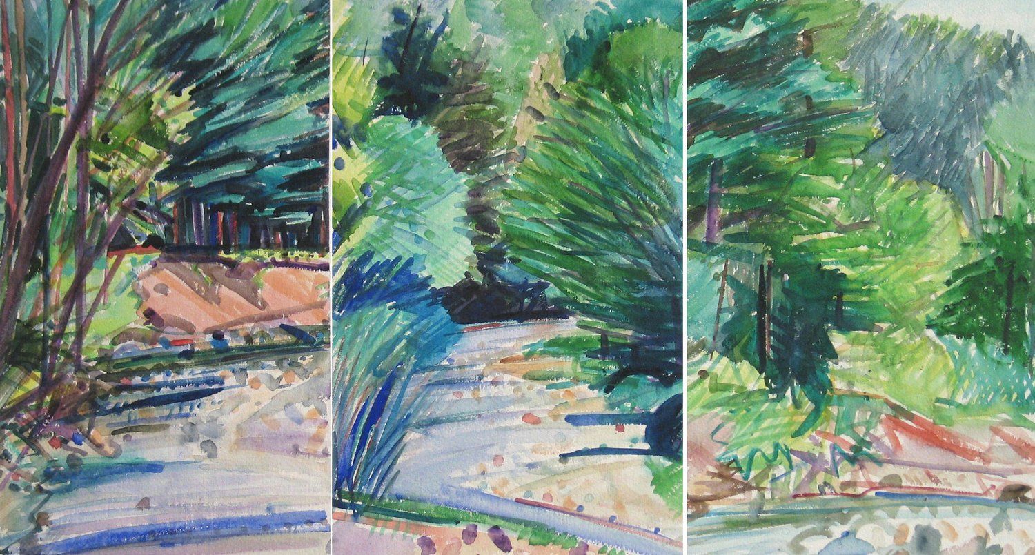 Triptych watercolor of a road winding through a forest