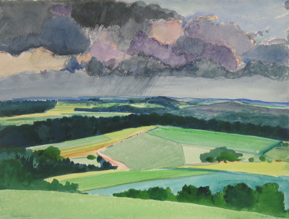 Rolling green landscape under a dark, stormy sky