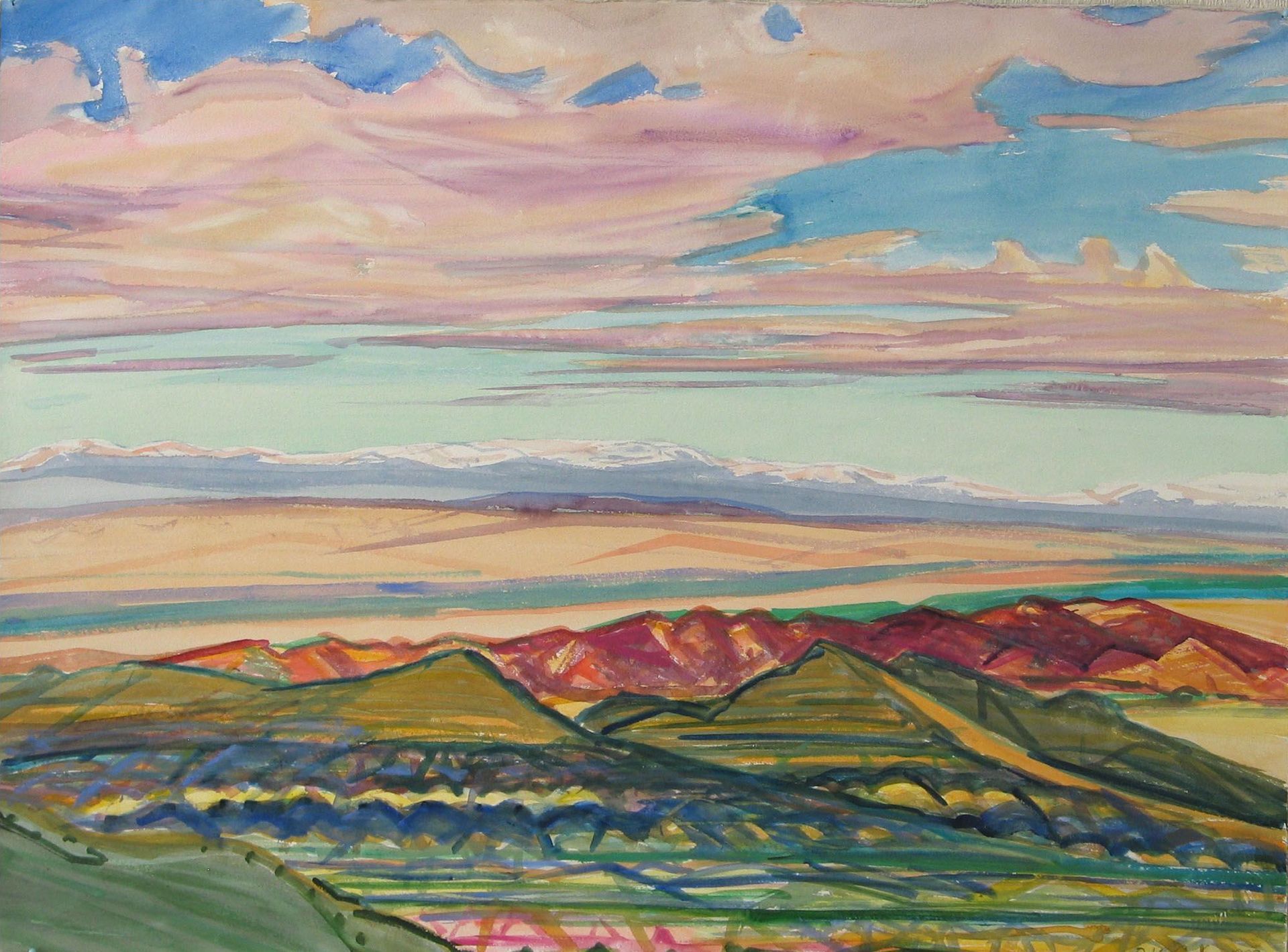 Mountains and colorful sky in a landscape painting