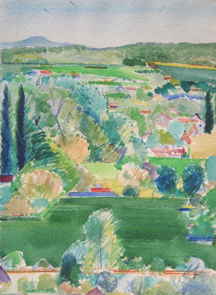 Watercolor painting of a green landscape with trees