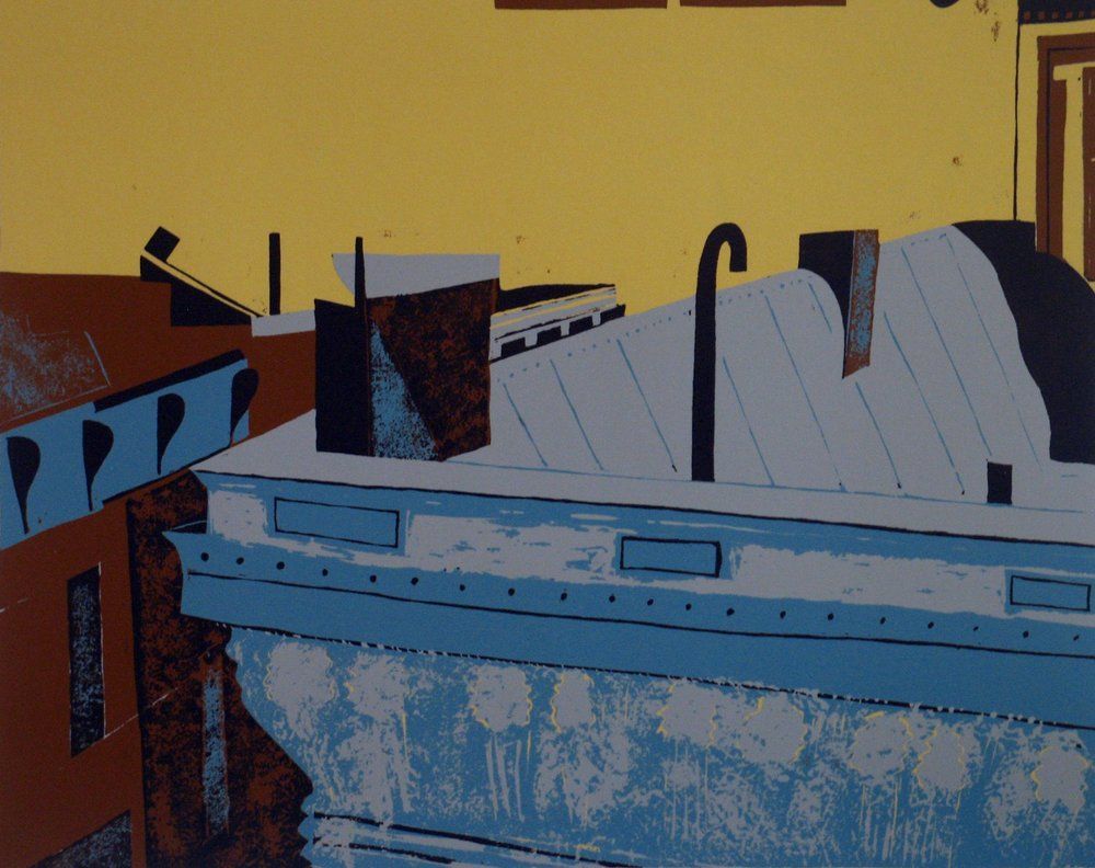 Rooftops with chimneys, stylized in blue, brown, and yellow