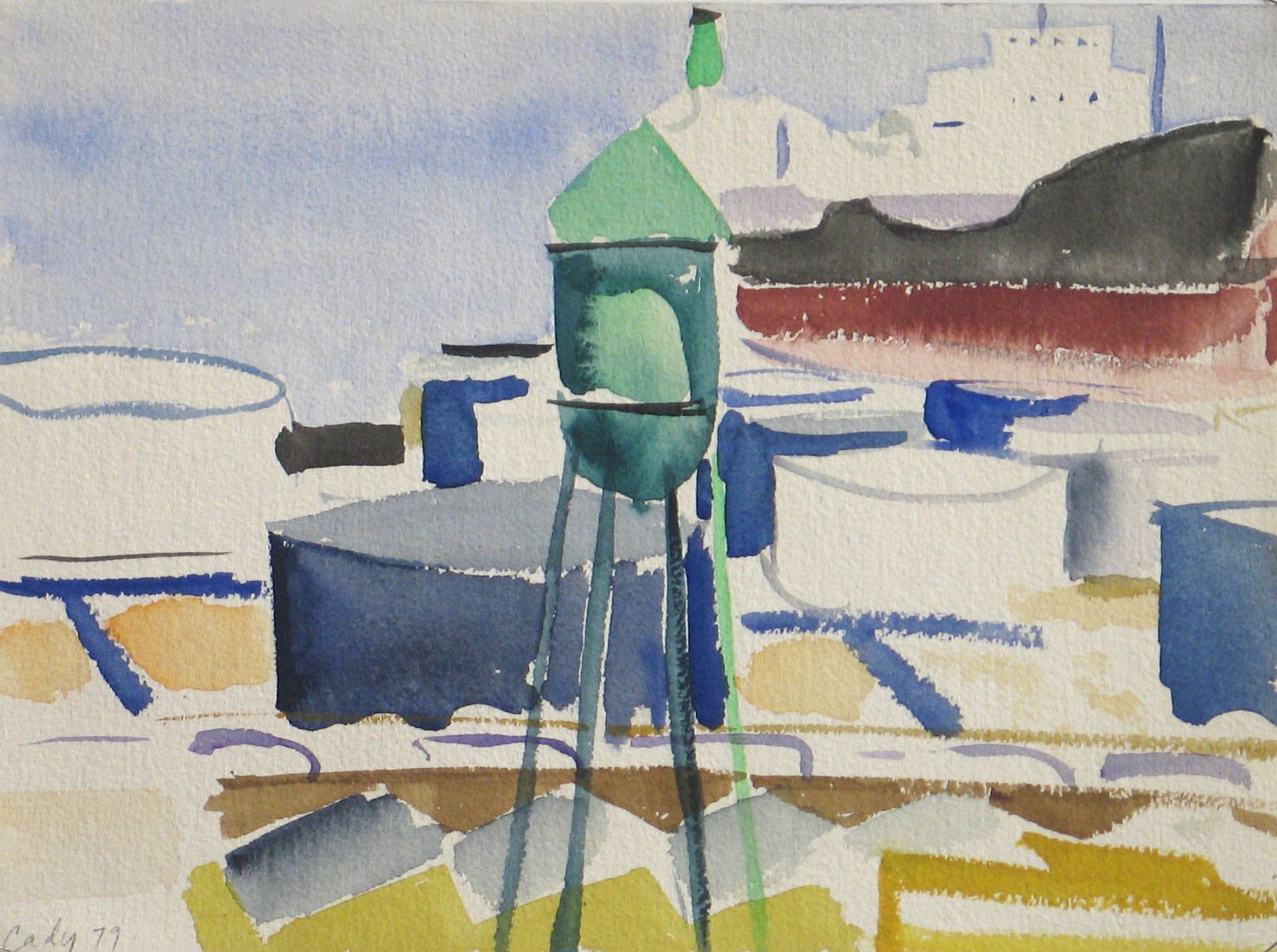 Watercolor painting of a teal water tower
