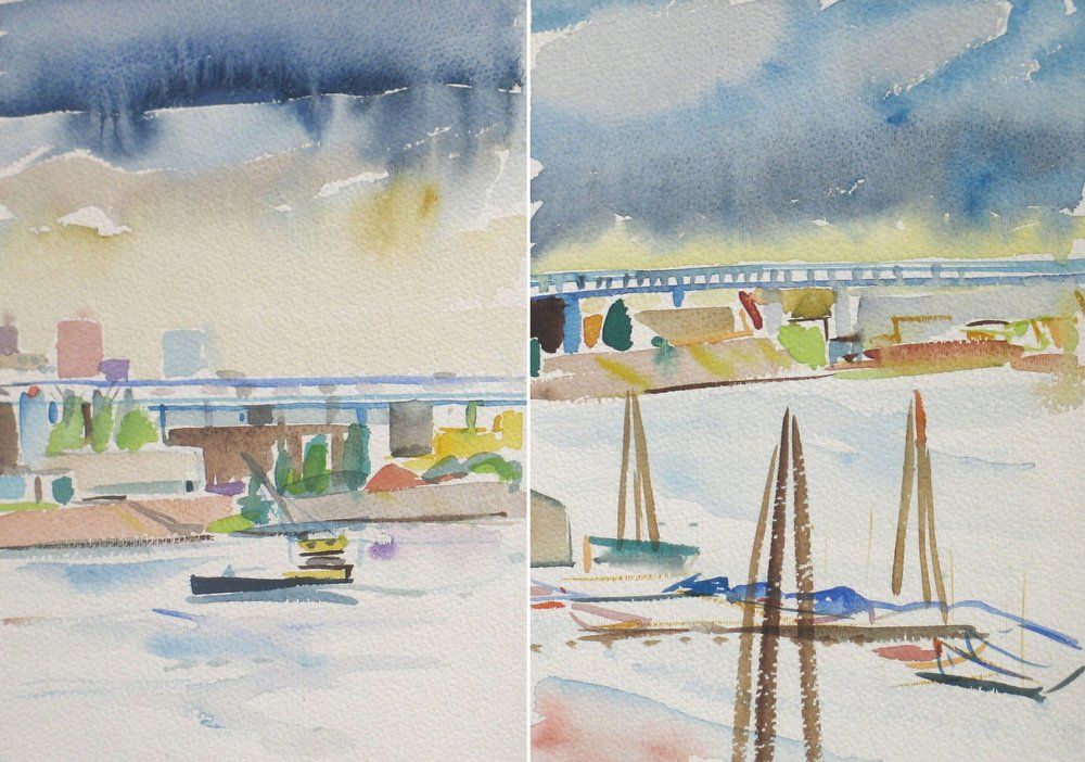 Two watercolor paintings of a bridge over a body of water