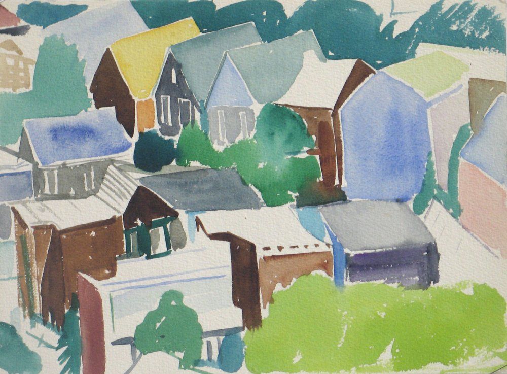 Watercolor painting of colorful houses 
