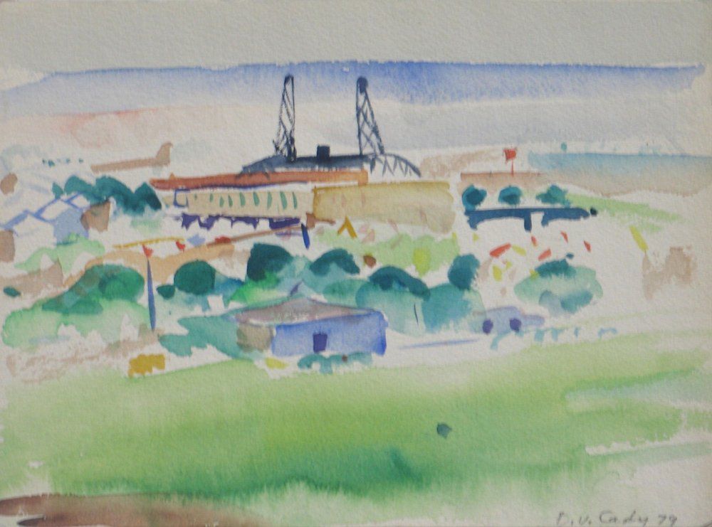 Watercolor painting of a building with cranes on a green hill