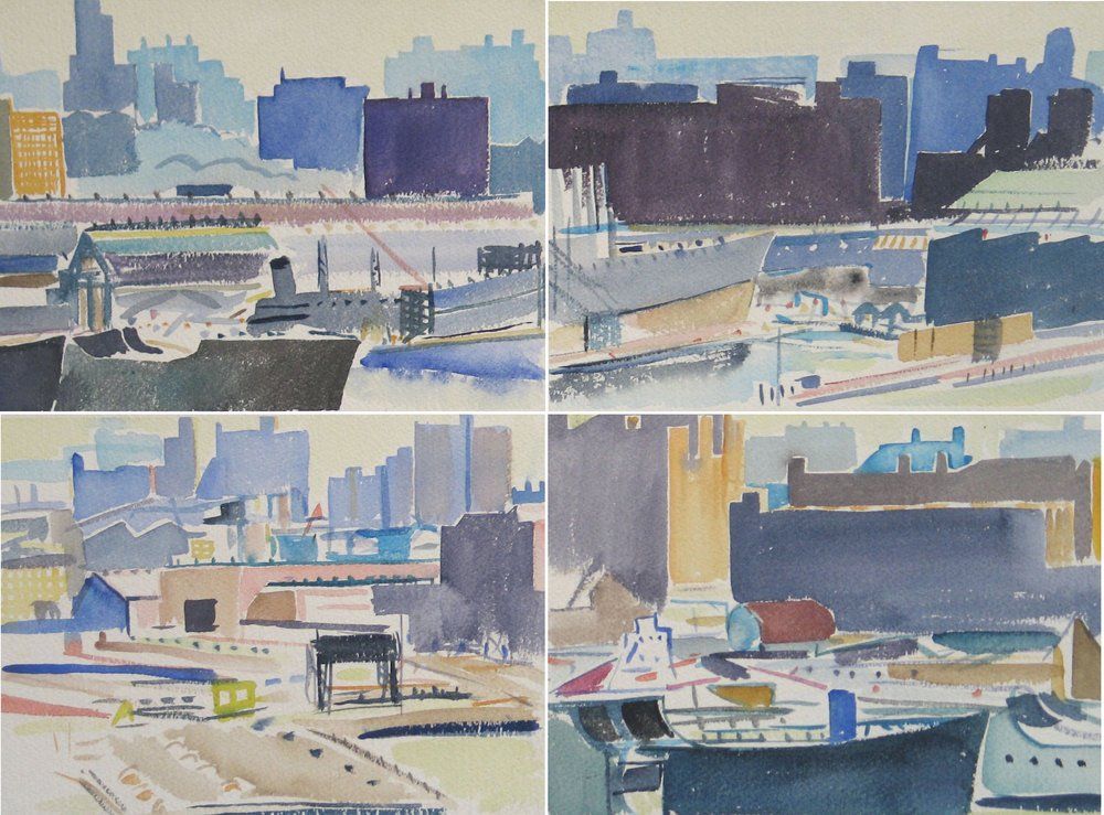 Four watercolor cityscapes depicting buildings