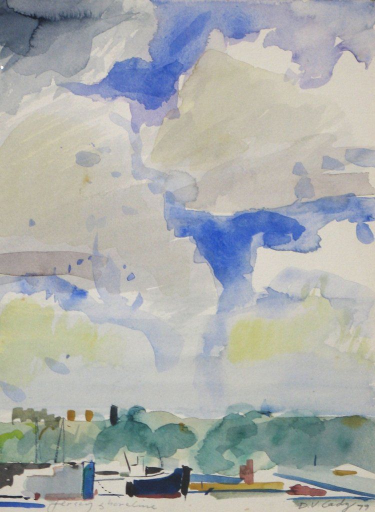 Watercolor painting of a cloudy sky over a distant landscape