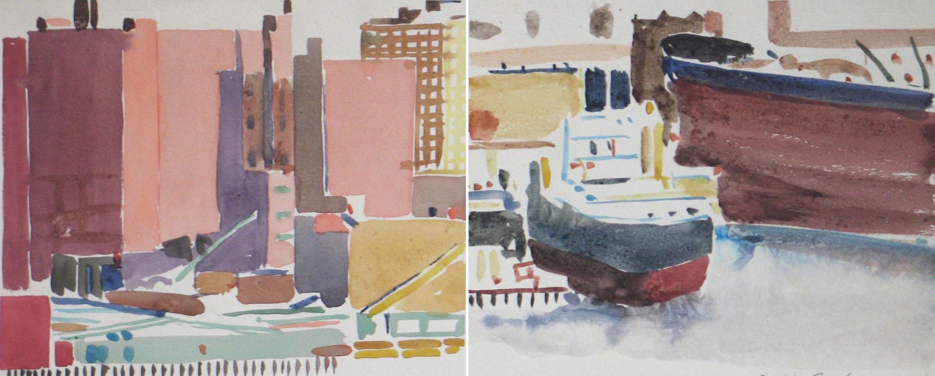 Watercolor painting of a harbor scene