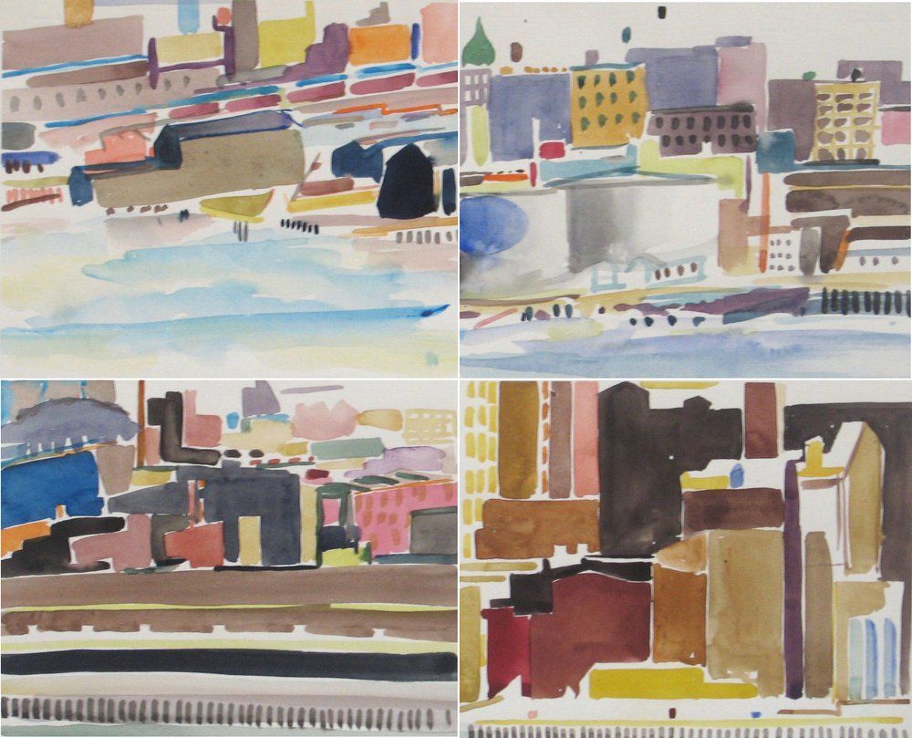 Four watercolor paintings of a city waterfront 