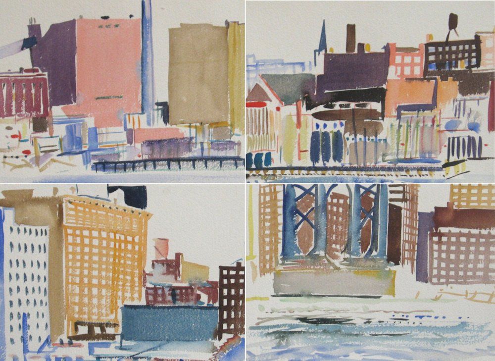 Four watercolor paintings depict cityscapes