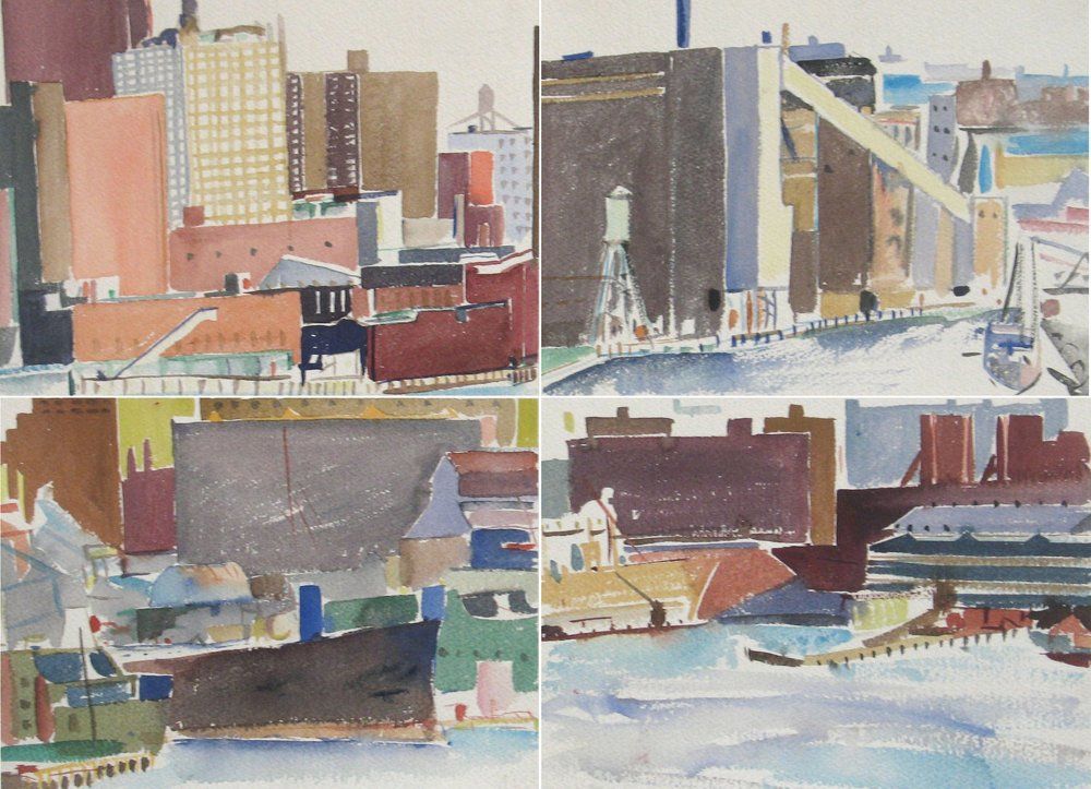 Four watercolor views of a city waterfront with buildings
