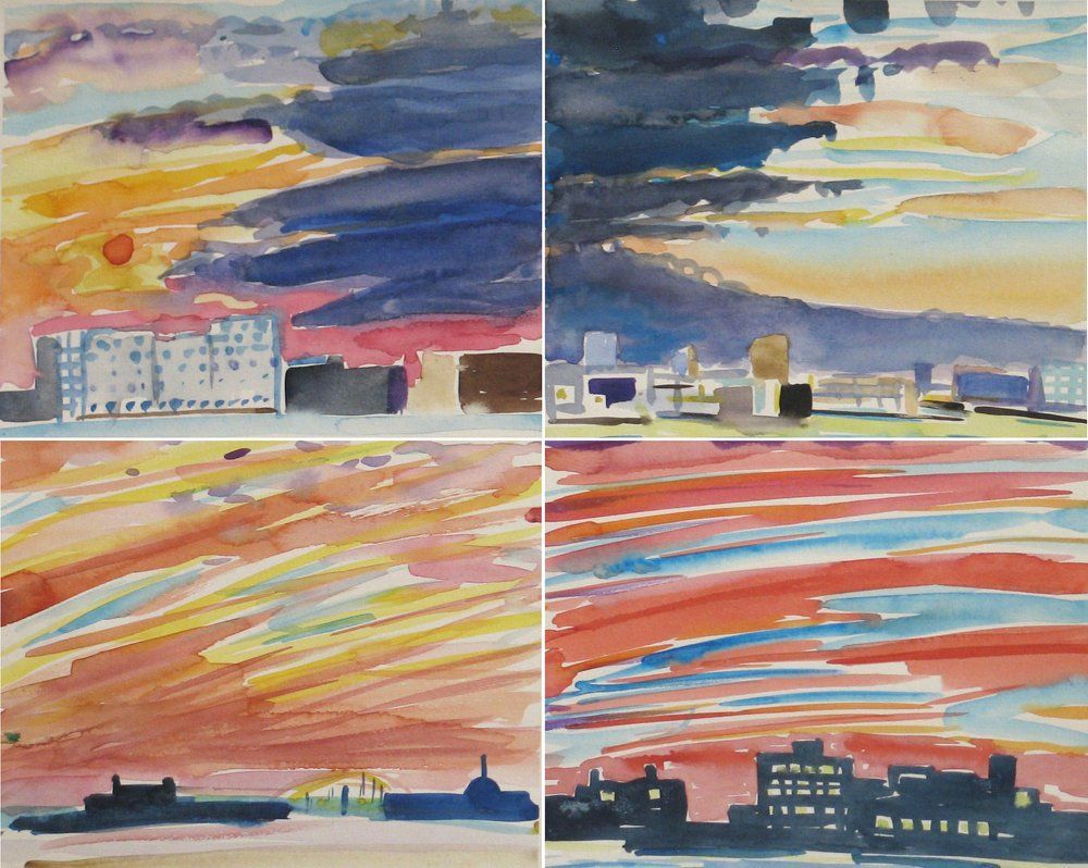 Four watercolor paintings of city skylines 