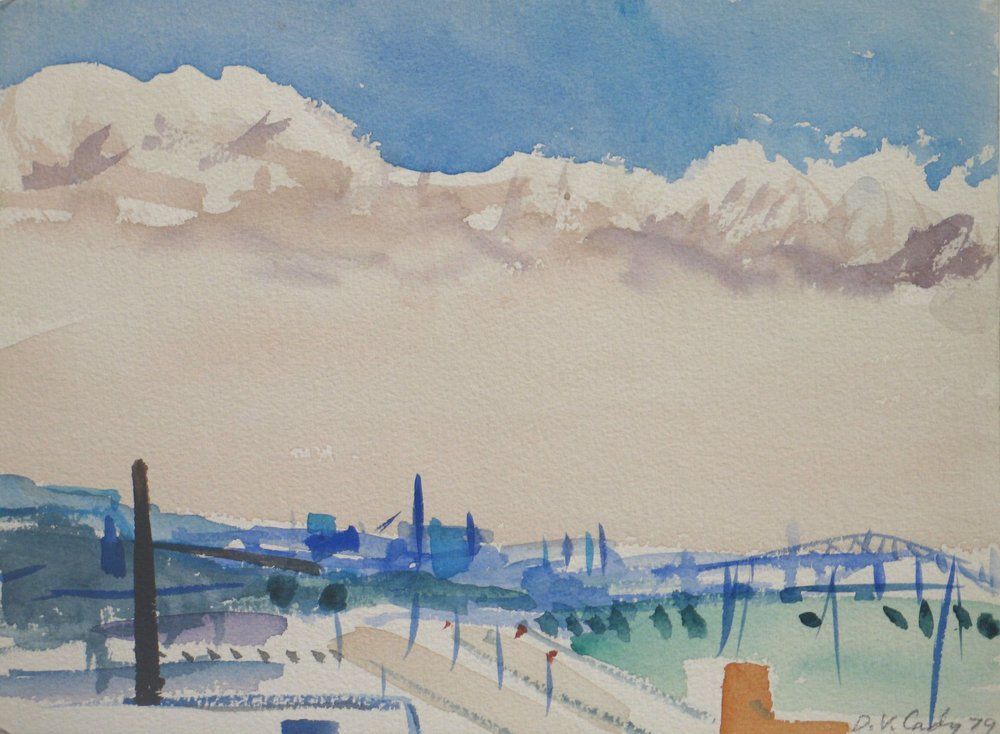 Watercolor painting of a cityscape under a cloudy sky