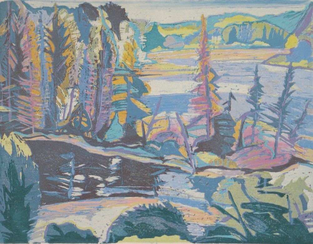 Colorful landscape painting of trees, lake, and distant hills