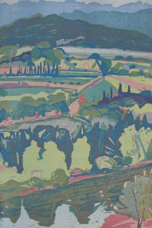 Landscape painting of fields, trees, and a mountain in muted blues, greens, and pinks