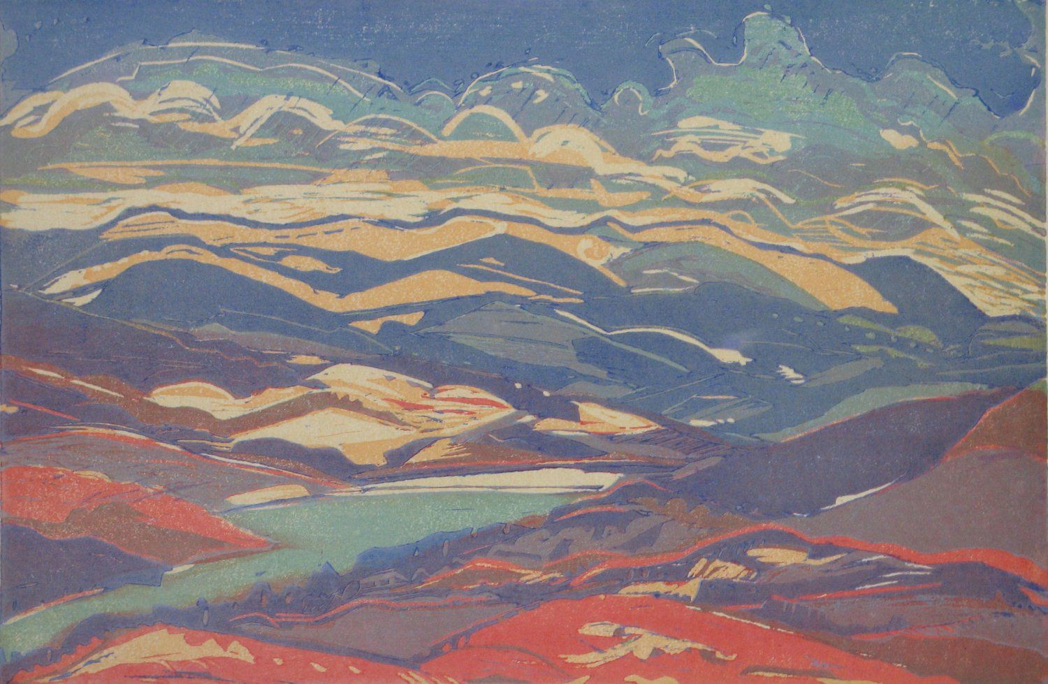 Landscape painting with layered hills, a river, and clouds in blues, oranges, and greens