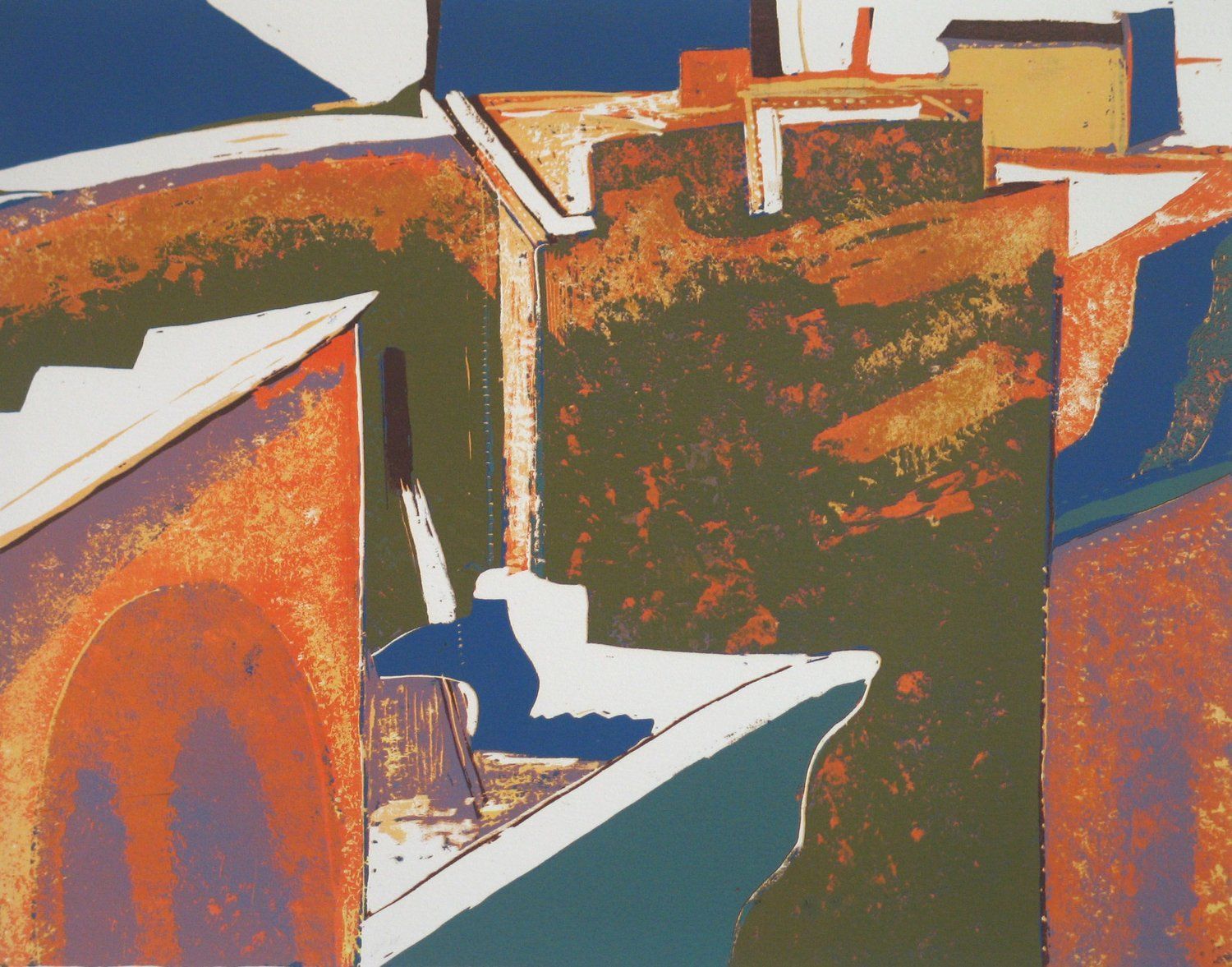 Abstract artwork of a boat at a dock