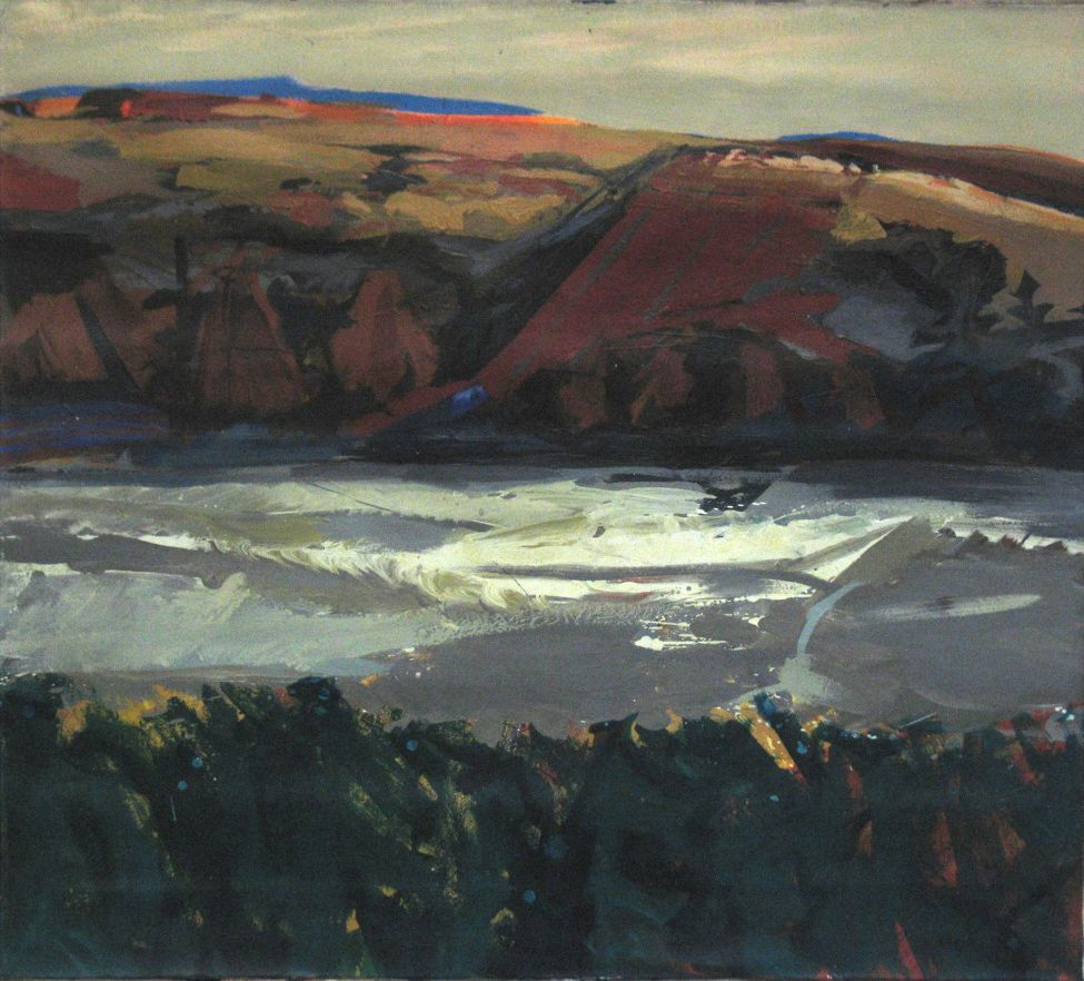 Landscape painting of a river reflecting the sky, with red-brown hills in the background and dark foliage in the foreground.