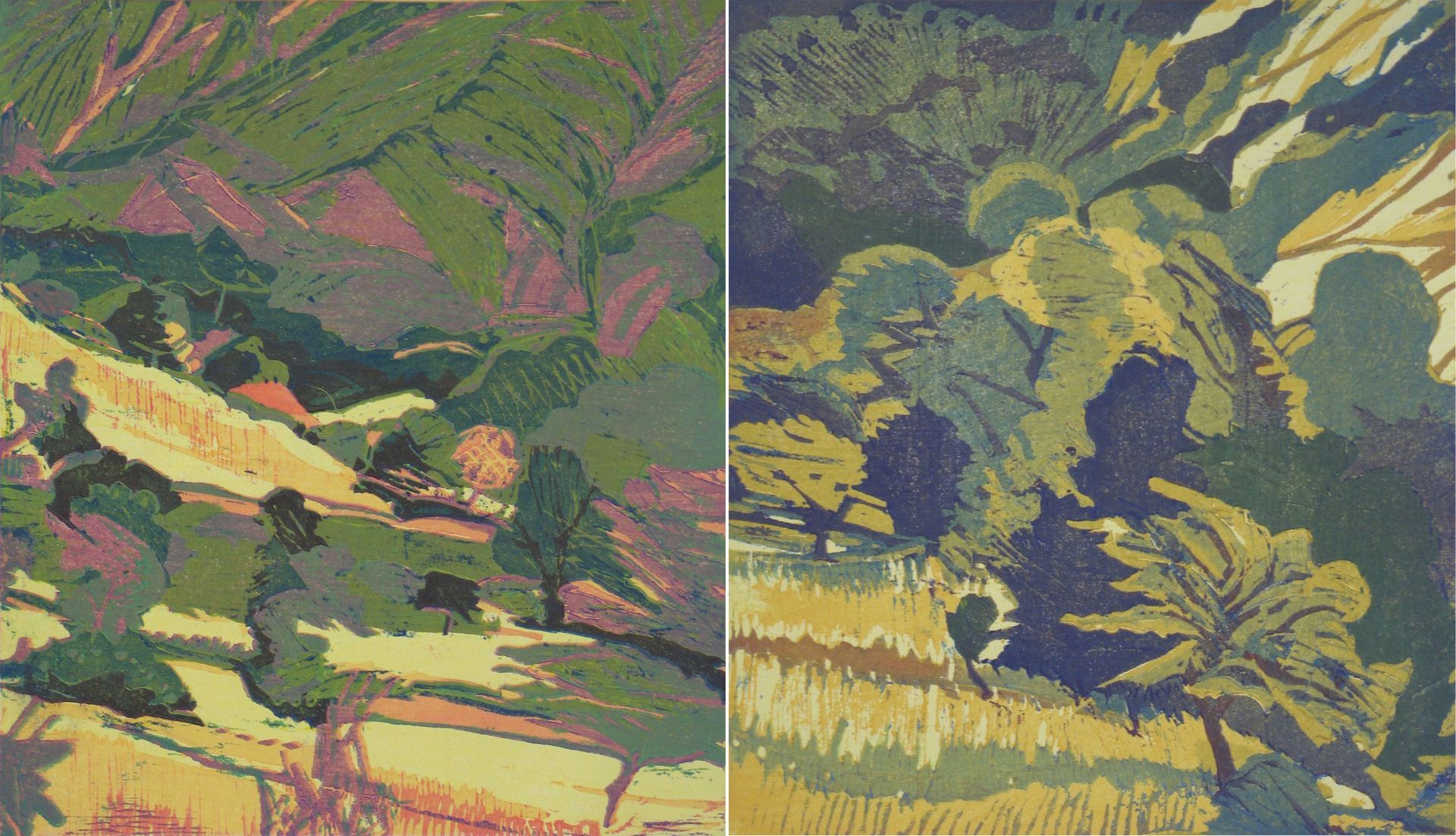 Two colorful abstract landscapes depicting rolling hills, trees, and fields.