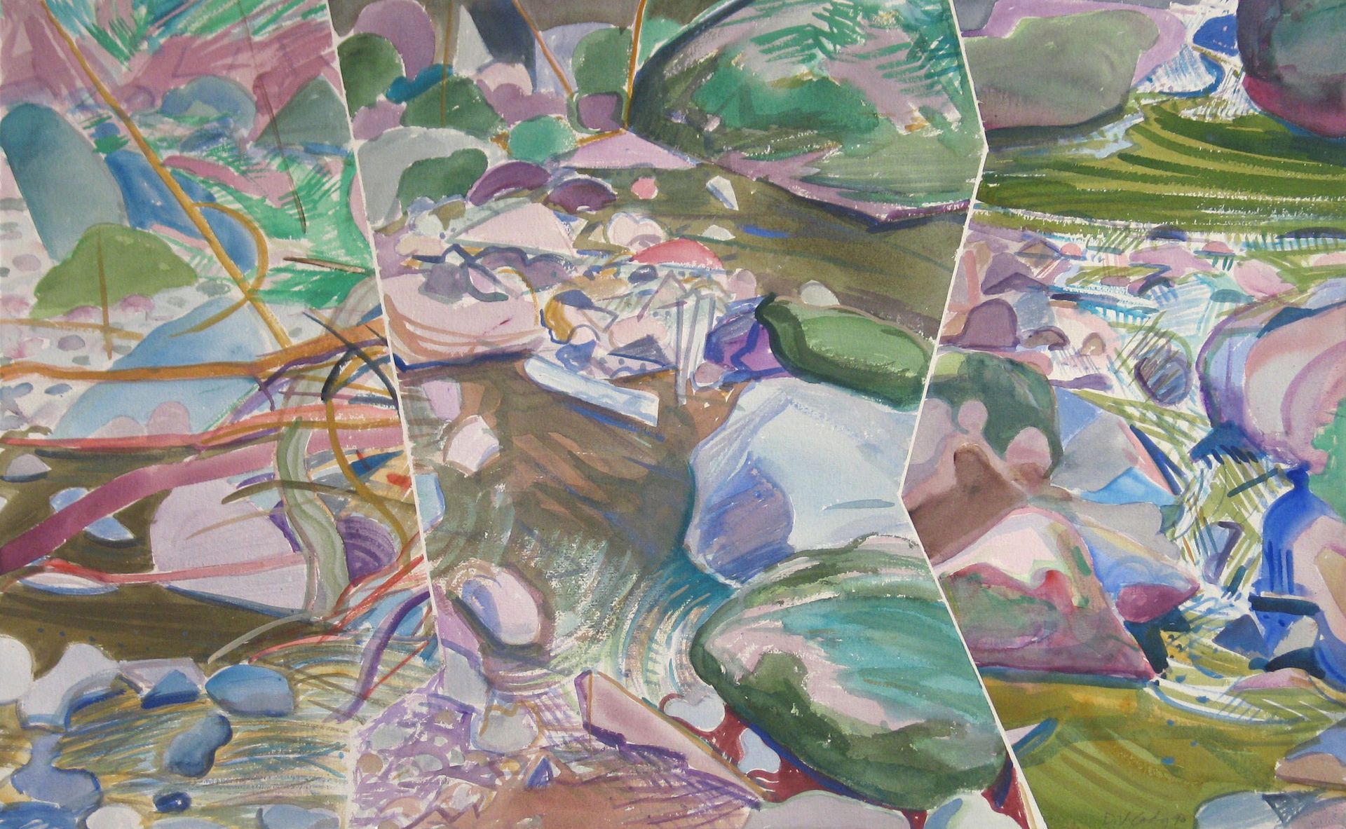 Watercolor painting of a rocky stream