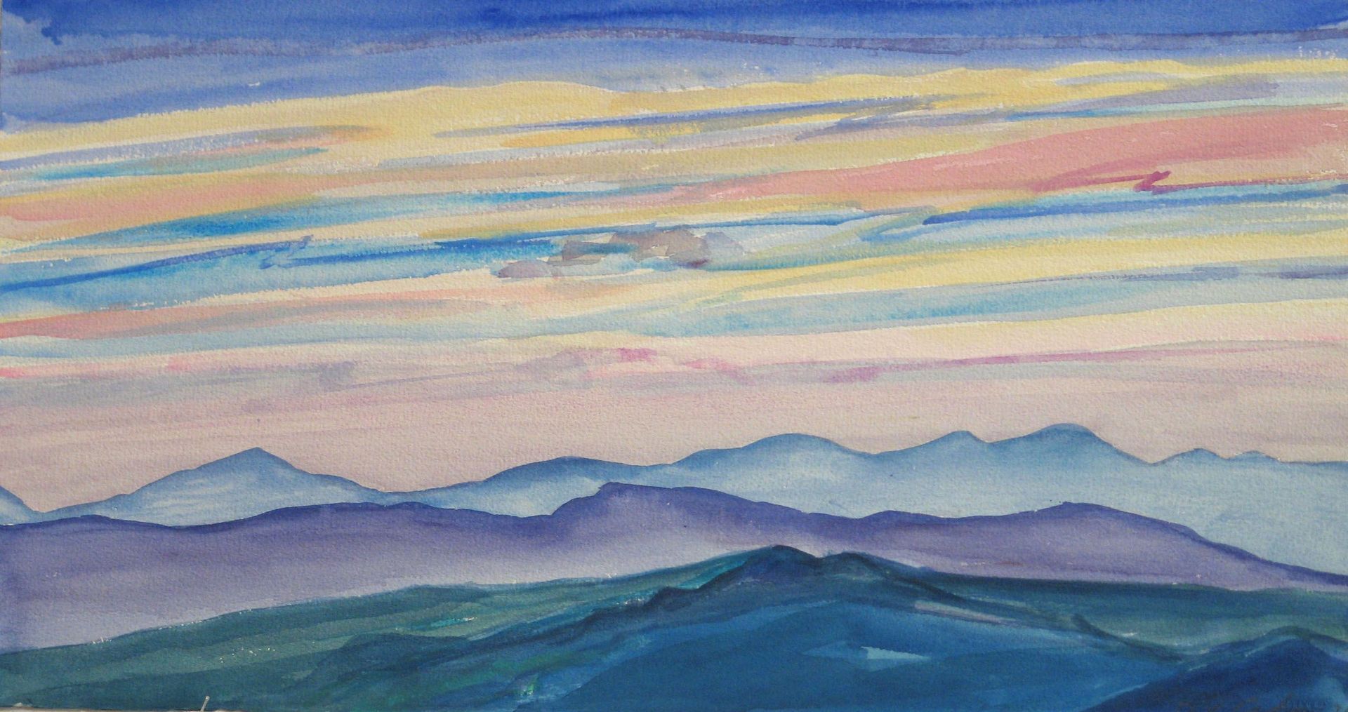 Watercolor painting of layered blue-purple mountains under a colorful sky