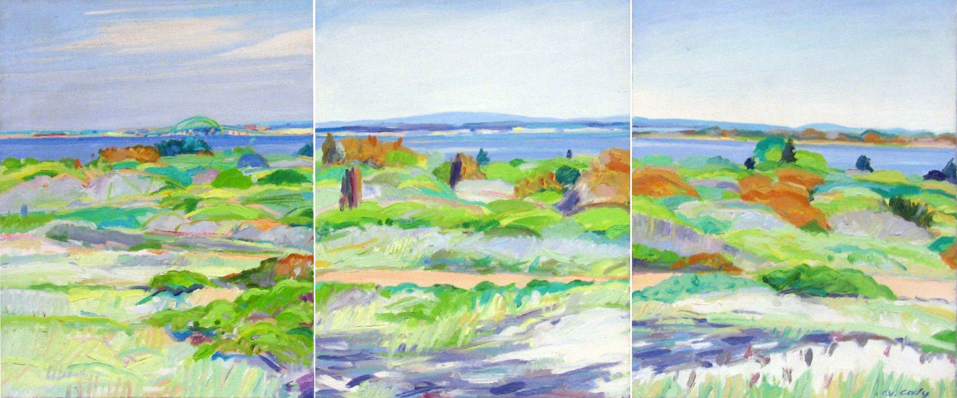 Triptych landscape painting of grassy coastal dunes and water with two figures