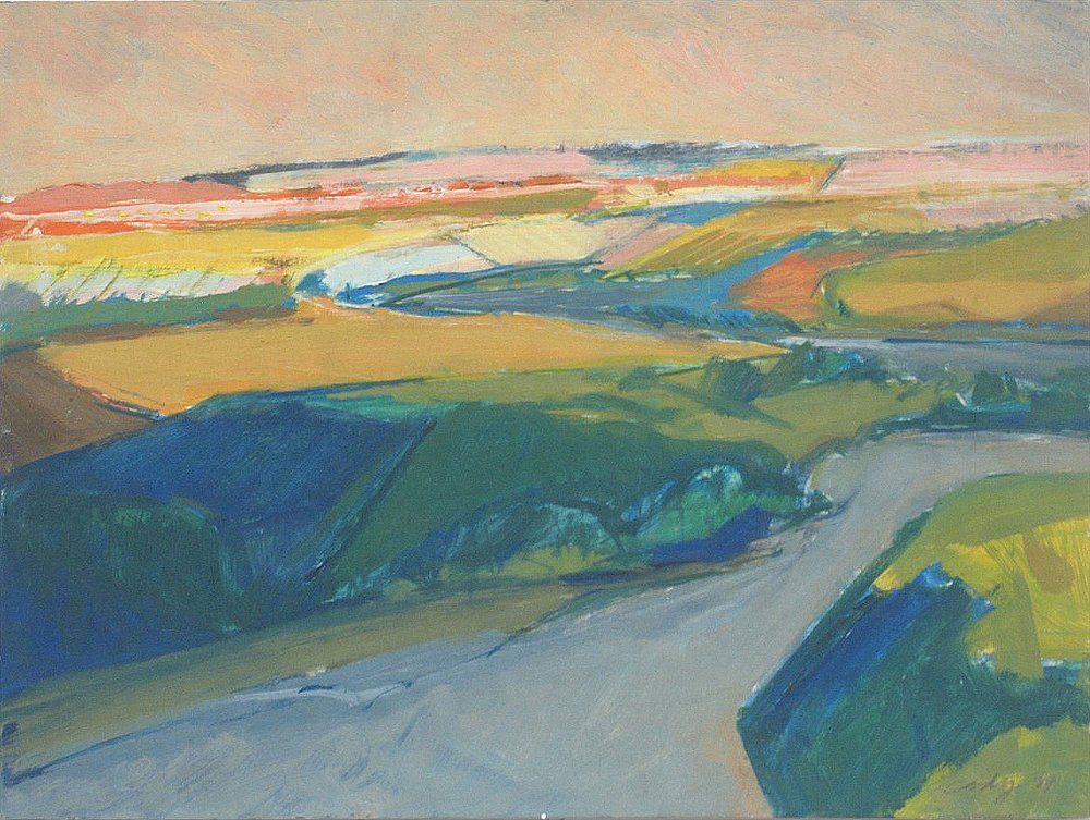 Landscape painting with fields of yellow, green, and pink overlooking a blue river, under a peach sky