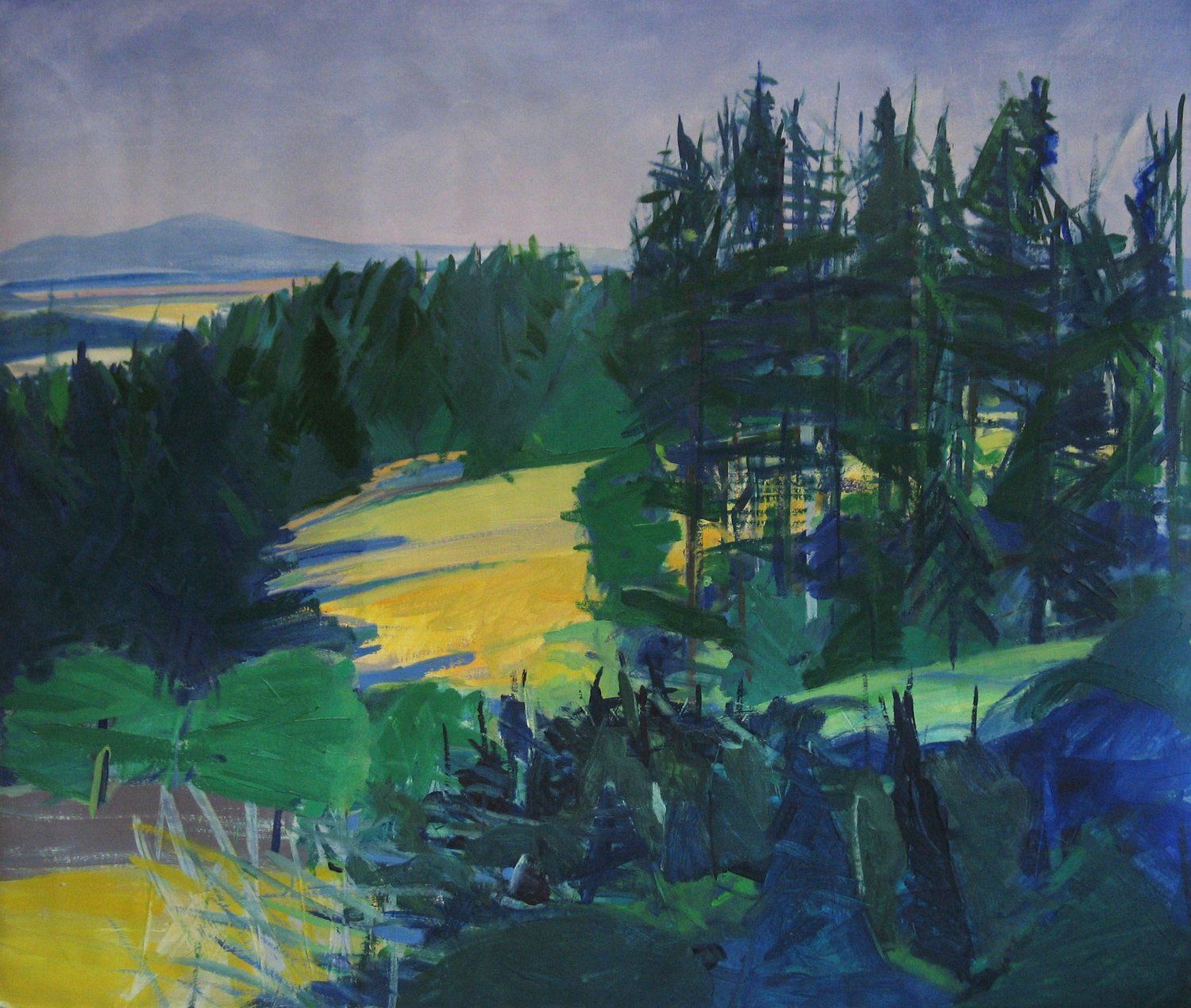 A landscape painting with a sunlit yellow field