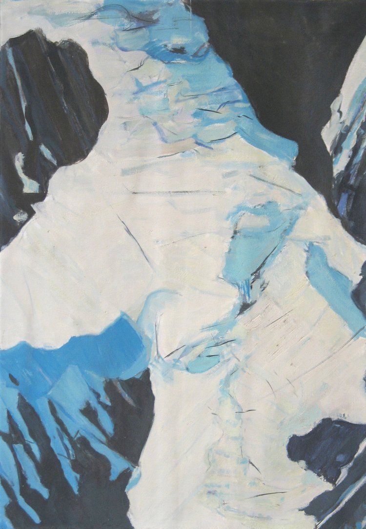 Abstract painting with white and blue shapes against a dark background