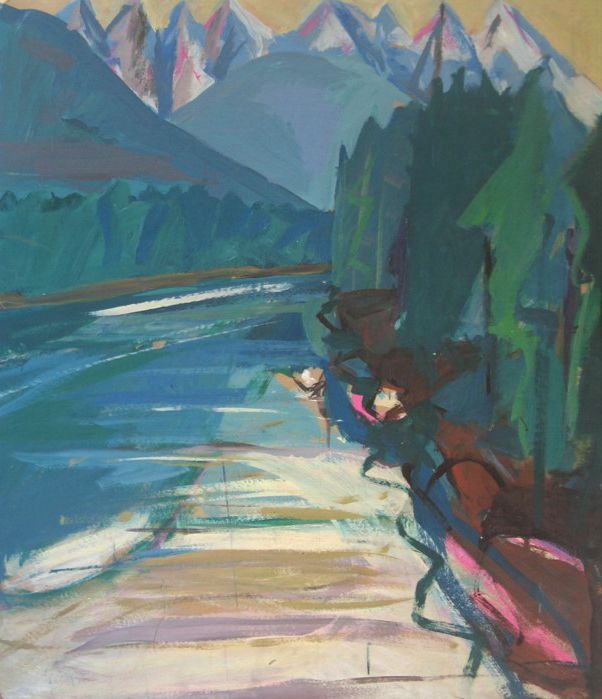 Mountains and river landscape painting in blues, greens, and pinks